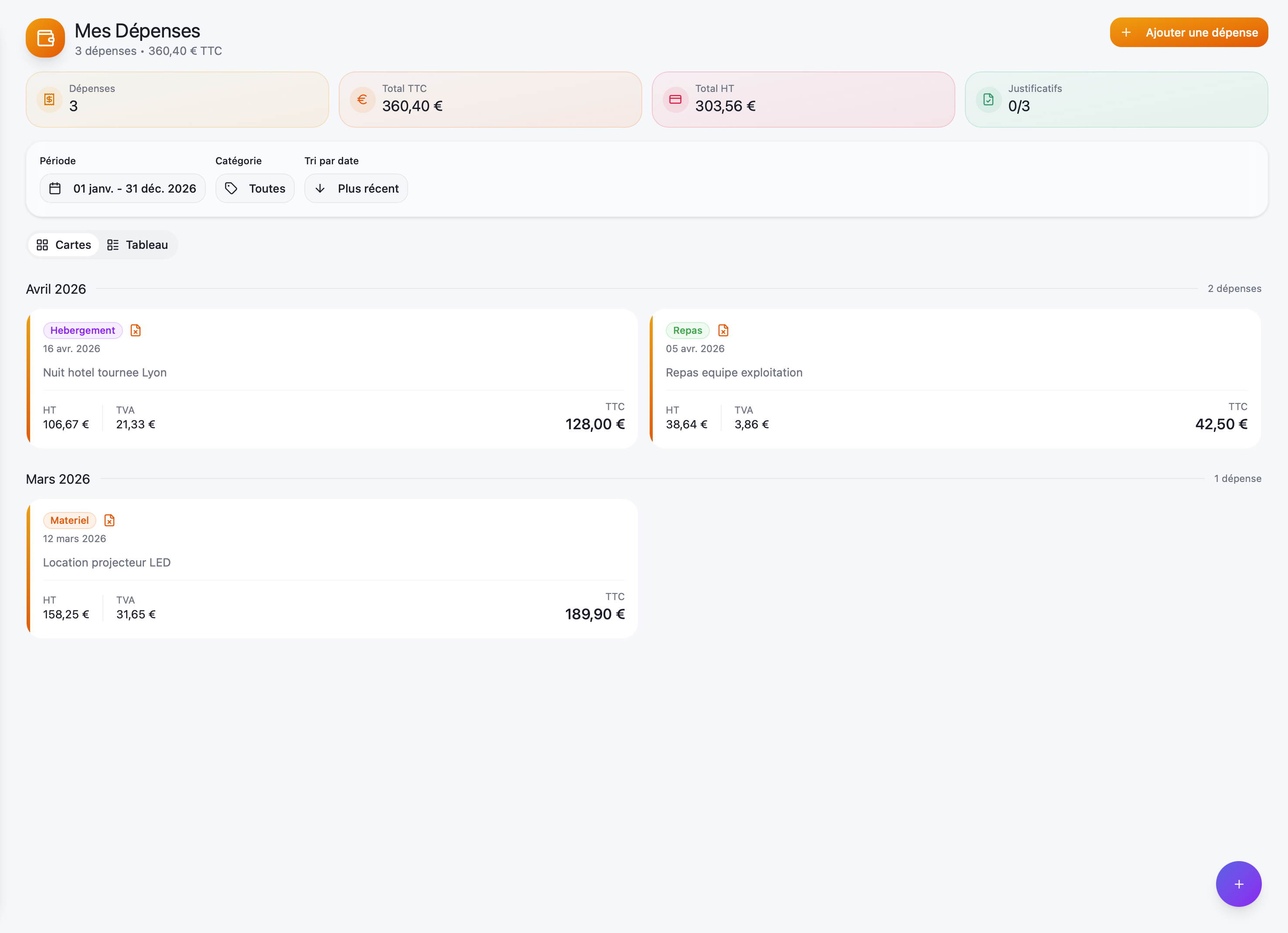 Interface dépenses CachetFlow